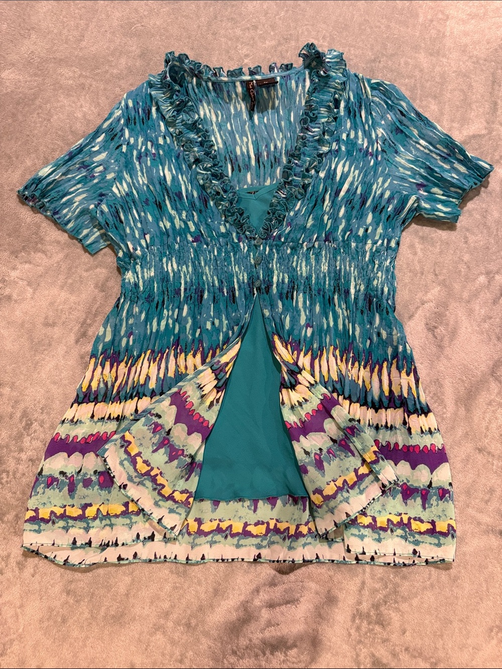 Nue Options Teal Patterned Ruffle V-Neck Tunic with separate Camisole, XLPetite